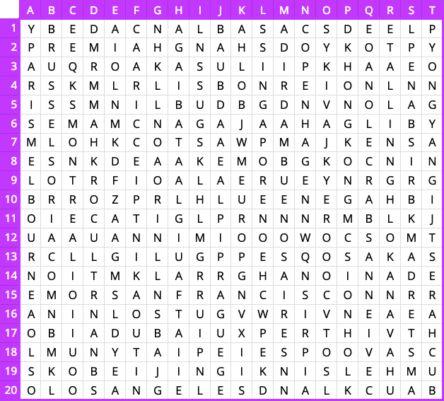 Cities of the World word search - starting image